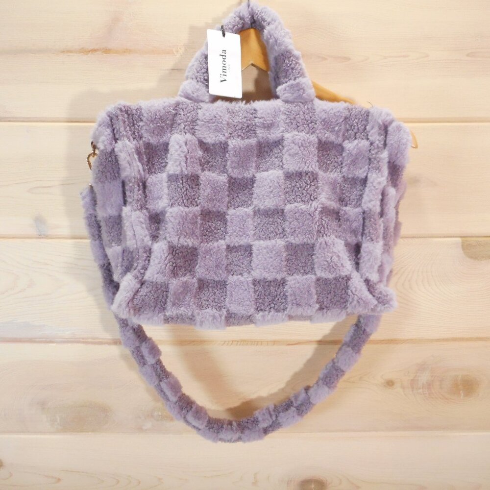 NWT Vimoda Paris Crossbody Purse Bag Lavender Checker Fluffy Sherpa Fuzzy Zip